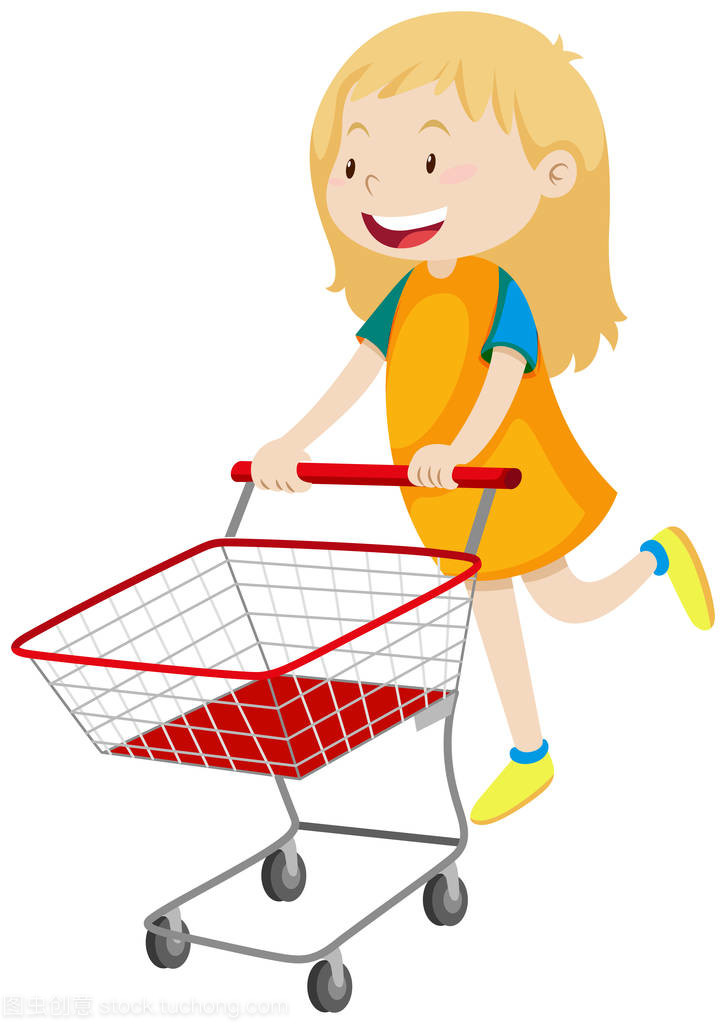 小女孩推购物车